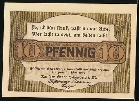 Notgeld Schönberg, 1922, 10 Pfennig, Reutergeld mit Stadtansicht und Spruch auf der Rückseite