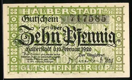 Notgeld Halberstadt 1920, 10 Pfennig, grün, Gebäude und Wappen, Magistrat der Stadt Halberstadt, Februar 1920