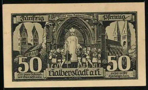 Notgeld Halberstadt, 1921, 50 Pfennig, Abbildungen von Gebäuden und historischem Wachmann