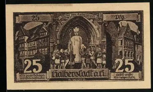 Notgeld Halberstadt 1921, 25 Pfennig, Bischof mit Kindern vor Stadtansicht, Rückseite Ritter mit Schild und Speer