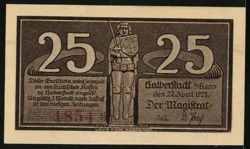 Notgeld Halberstadt 1921, 25 Pfennig, Bischof mit Kindern vor Stadtansicht, Rückseite Ritter mit Schild und Speer