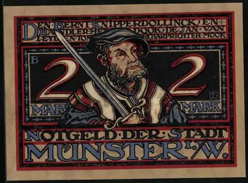 Notgeld Münster, 1921, 2 Mark, Bernd Knipperdollinck mit Schwert Roaserei der Wiedertäufer, Februar 1534