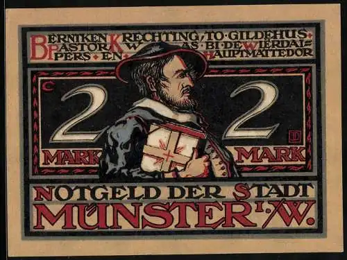 Notgeld Münster, 2 Mark, Vorderseite: Kreuzritter, Rückseite: historische Szene mit Soldaten