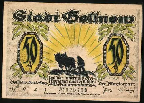Notgeld Gollnow 1921, 50 Pfennig, Soldatensilhouette und Pflügender Bauer, Seriennummer 075458