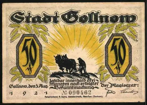 Notgeld Gollnow 1921, 50 Pfennig, Vorderseite mit Silhouetten und Rückseite mit Bauer und Ochsen