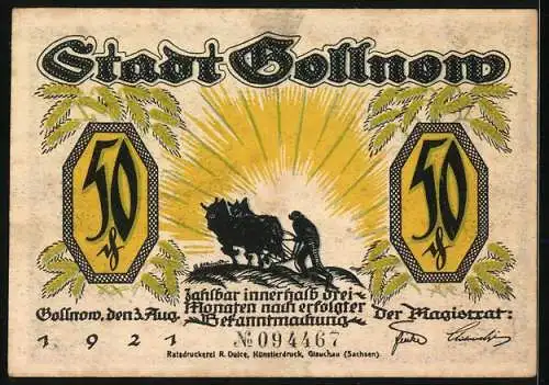 Notgeld Gollnow, 1921, 50 Pfennig, Musiker mit Trompete und Bauer mit Pflug