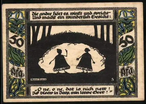 Notgeld Gollnow, 1921, 50 Pfennig, zwei Personen im Wald und Bauern mit Ochsengespann