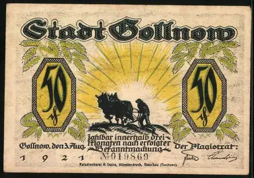 Notgeld Gollnow, 1921, 50 Pfennig, zwei Personen im Wald und Bauern mit Ochsengespann
