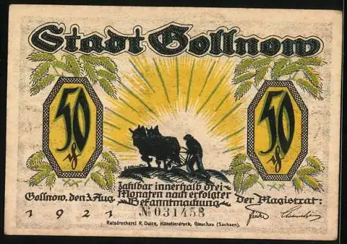 Notgeld Gollnow 1921, 50 Pfennig, Kirche auf Hügel, Landwirt mit Pflug, Stadt Gollnow, Nummer 031456