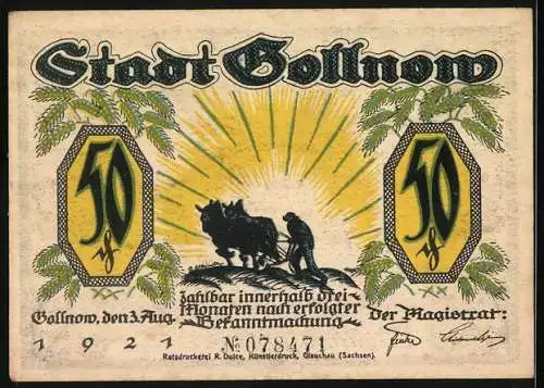 Notgeld Gollnow 1921, 50 Pfennig, Arbeiter mit Ochsen und Soldat auf Bank, Sonnenaufgang und Pflanzenmuster