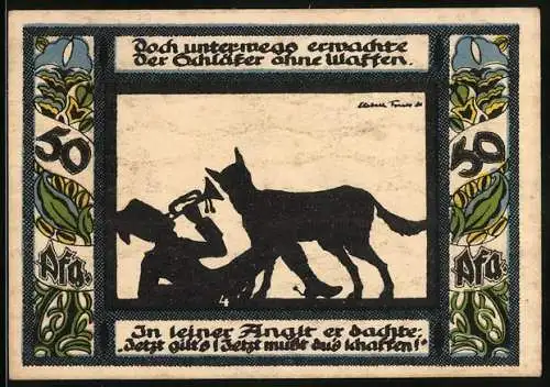 Notgeld Gollnow 1921, 50 Pfennig, Silhouette eines Mannes mit Hund und Szene mit Pflug