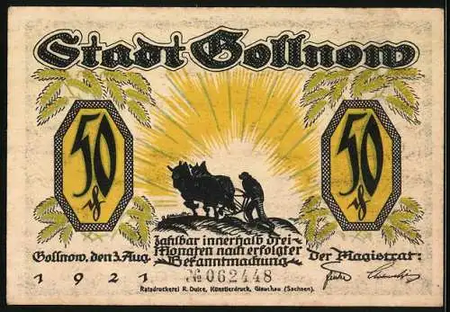 Notgeld Gollnow 1921, 50 Pfennig, Silhouette eines Mannes mit Hund und Szene mit Pflug