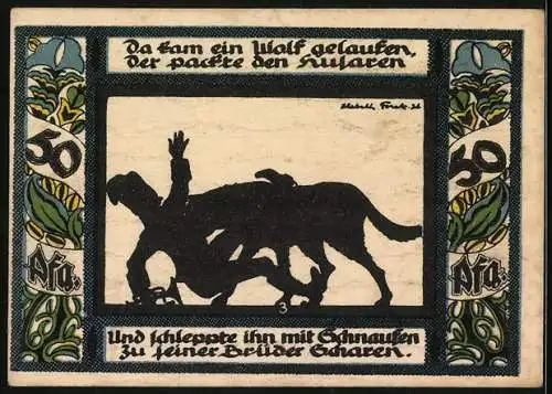 Notgeld Gollnow, 1921, 50 Pfennig, Stadt Gollnow mit Pflüger und Wolf-Geschichte