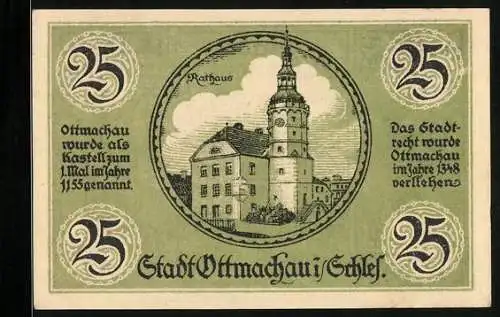 Notgeld Ottmachau 1921, 25 Pfennig, Rathaus und historische Figuren