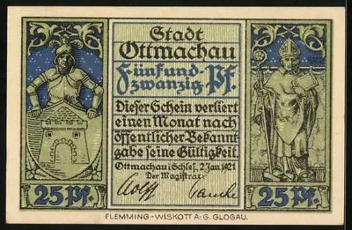 Notgeld Ottmachau 1921, 25 Pfennig, Rathaus und historische Figuren