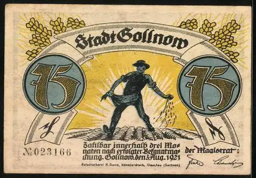 Notgeld Gollnow, 1921, 75 Pfennig, Silhouette eines Musikers und Bauer bei der Aussaat