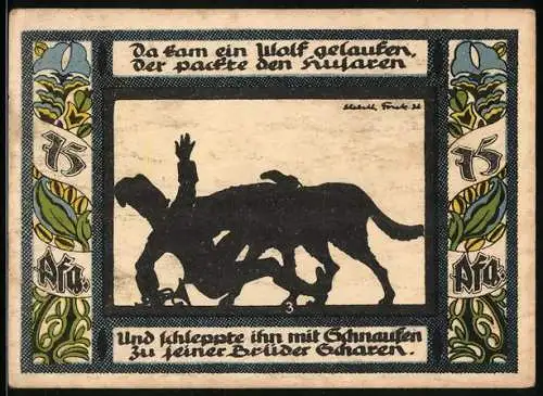 Notgeld Gollnow, 1921, 75 Pfennig, Bauer im Feld und Wolf mit Säugling