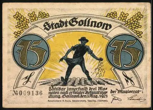 Notgeld Gollnow, 1921, 75 Pfennig, Bauer im Feld und Wolf mit Säugling