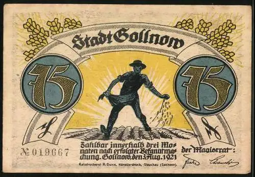 Notgeld Gollnow 1921, 75 Pfennig, Bauer sät unter aufgehender Sonne und Scherenschnitt mit Wolf und Mann