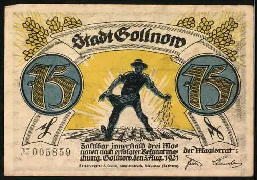 Notgeld Gollnow, 1921, 75 Pfennig, Arbeiter mit Saatgut und Mann auf Bank mit Silhouette