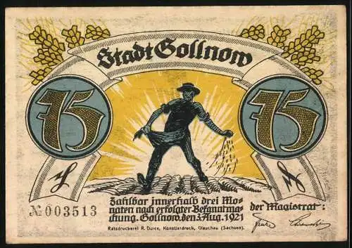 Notgeld Gollnow, 1921, 75 Pfennig, Soldat und Bauer mit Sonne und Getreidebündeln