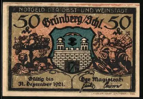 Notgeld Grünberg /Schl., 1921, 50 Pfennig, Obst, Wein und Hängeturm Szenen