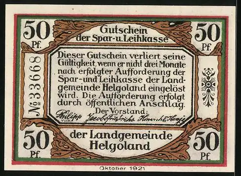 Notgeld Helgoland, 1921, 50 Pf, Insel Helgoland mit Klippen und Wappen der Landgemeinde