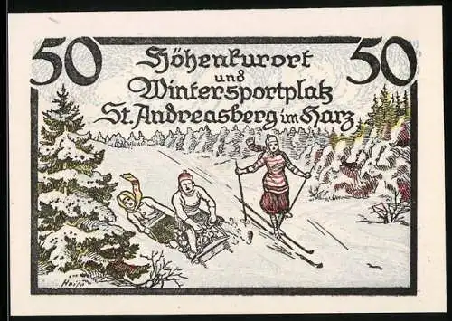 Notgeld St. Andreasberg, 1921, 50 Pfennig, Winterlandschaft mit Skifahrer und Rodelnden, Zahnrad-Bahnhof und Wappen