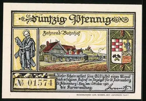 Notgeld St. Andreasberg, 1921, 50 Pfennig, Winterlandschaft mit Skifahrer und Rodelnden, Zahnrad-Bahnhof und Wappen