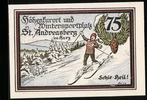 Notgeld St. Andreasberg, 75 Pfennig, Vorderseite: Skifahrer im Winterkurort, Rückseite: Zahnrad-Bahnhof mit Mönch