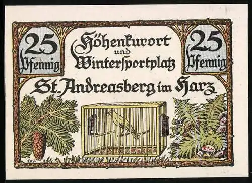 Notgeld St. Andreasberg im Harz, 1921, 25 Pfennig, Höhenkurort und Wintersportplatz, Zahnrad Bahnhof, Serien-Nr 01555