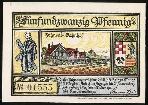 Notgeld St. Andreasberg im Harz, 1921, 25 Pfennig, Höhenkurort und Wintersportplatz, Zahnrad Bahnhof, Serien-Nr 01555