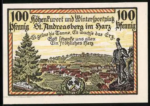 Notgeld St. Andreasberg im Harz 1921, 100 Pfennig, Höhenkurort & Wintersportplatz, Zahnrad-Bahnhof, Seriennummer 01777