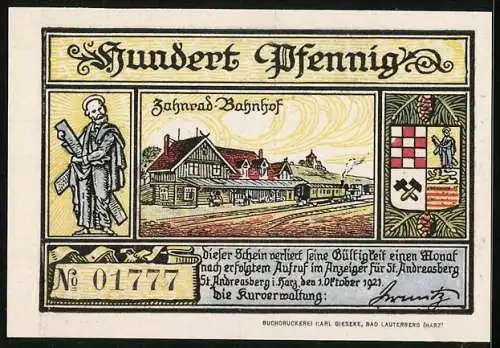 Notgeld St. Andreasberg im Harz 1921, 100 Pfennig, Höhenkurort & Wintersportplatz, Zahnrad-Bahnhof, Seriennummer 01777