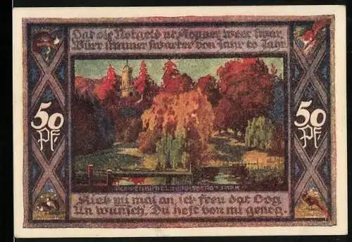 Notgeld Poppenbüttel, 1921, 50 Pf, Landschaft und Wappenmotive