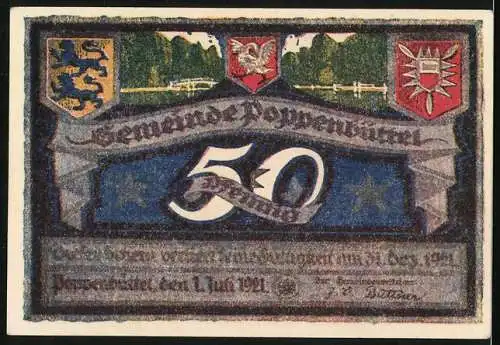 Notgeld Poppenbüttel, 1921, 50 Pf, Landschaft und Wappenmotive