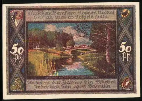Notgeld Hohenwestedt, 1921, 50 Pf, Landschaft mit Brücke und Fluss, Wappen auf der Rückseite