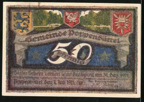 Notgeld Hohenwestedt, 1921, 50 Pf, Landschaft mit Brücke und Fluss, Wappen auf der Rückseite