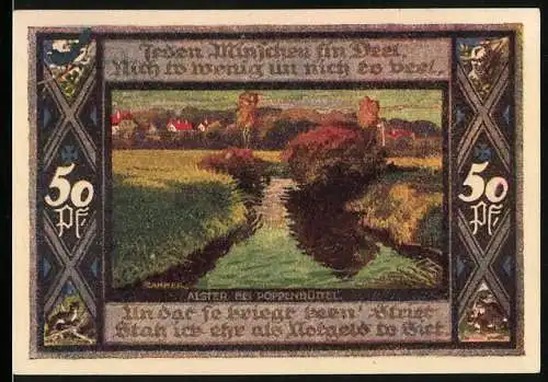 Notgeld Poppenbüttel, 1921, 50 Pf, Alster bei Poppendorf und Gemeindewappen