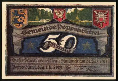 Notgeld Poppenbüttel, 1921, 50 Pf, Alster bei Poppendorf und Gemeindewappen