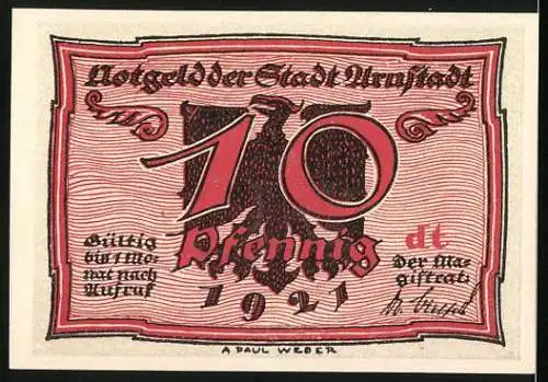 Notgeld Arnstadt, 1921, 10 Pfennig, mit Geier und Mann Design