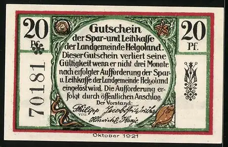 Notgeld Helgoland 1921, 20 Pf, Insel Helgoland mit Felsen und Text in friesischer Sprache