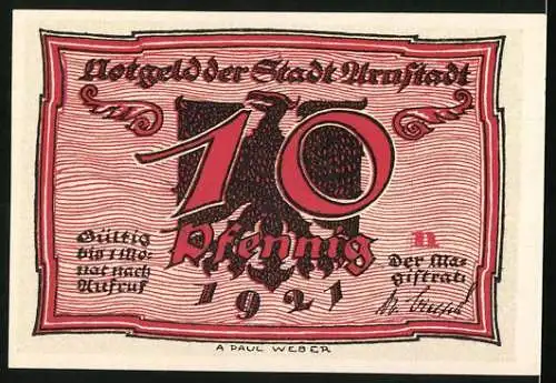 Notgeld Arnstadt 1921, 10 Pfennig, rote Notgeldschein mit Adler und Inschrift Gültig bis Ende nach nach Aufruf