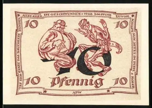 Notgeld Arnstadt, 1921, 10 Pfennig, Vorderseite zwei Männer, Rückseite Adler und Schrift in rot