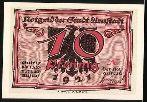 Notgeld Arnstadt, 1921, 10 Pfennig, Vorderseite zwei Männer, Rückseite Adler und Schrift in rot