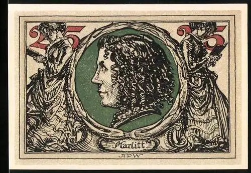 Notgeld Arnstadt 1921, 25 Pfennig, Porträt Marlittt mit zwei Frauen und Reichsadler