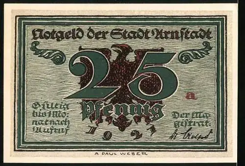 Notgeld Arnstadt 1921, 25 Pfennig, Porträt Marlittt mit zwei Frauen und Reichsadler