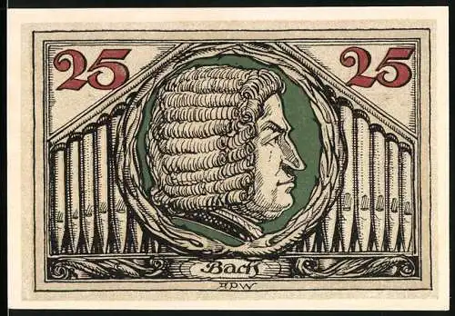 Notgeld Arnstadt 1921, 25 Pfennig, Bach-Porträt und roter Adler auf grünem Hintergrund