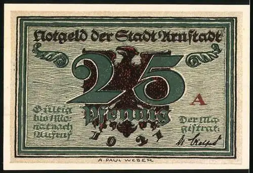 Notgeld Arnstadt 1921, 25 Pfennig, Bach-Porträt und roter Adler auf grünem Hintergrund