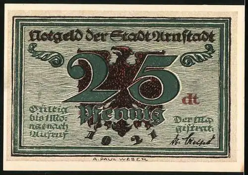 Notgeld Arnstadt 1921, 25 Pfennig, Schwarzburger Hof und Adler-Motiv